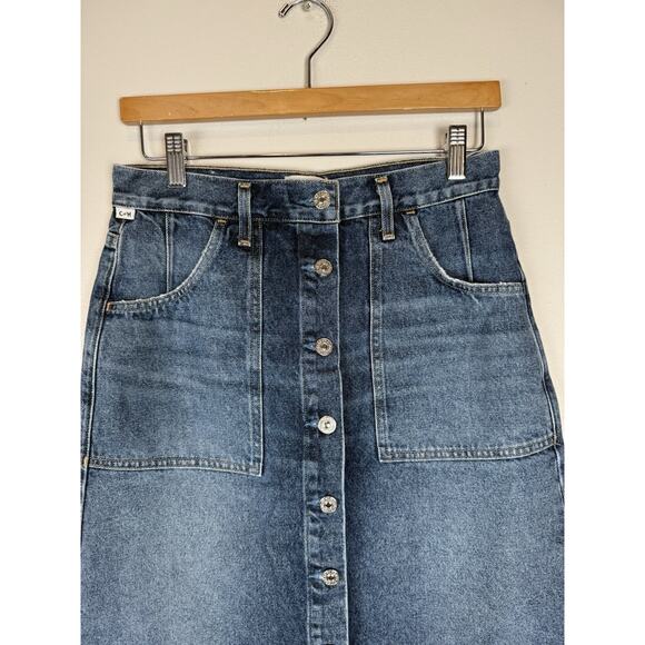 Citizens Of Humanity Midi Skirt Blue Denim Jean Buttons Womens sz 27 Slit Hem - Picture 3 of 10